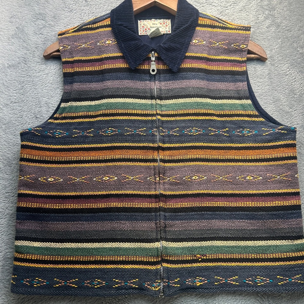 Vintage Y2K Southwestern Striped Woven Cotton Vest Blue Corduroy Collar Large - Picture 9 of 9